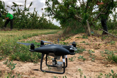 Un dron listo para levantar el vuelo en un campo de frutales.