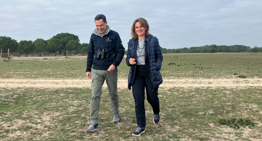 Teresa Ribera y Moreno Bonilla pasean por Doñana el día del anuncio del acuerdo. Foto: X MITECO