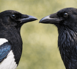 Una urraca y un cuervo en acción de cotilleo