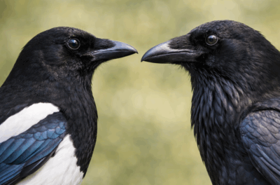 Una urraca y un cuervo en acción de cotilleo